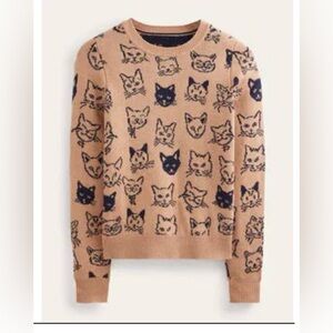 BODEN sz M Cat Face Knit Sweater in Tan and bkack